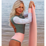 2025 New Swimsuit Solid Color Print Splicing Long-Sleeved Surfsuit Sexy Bareback Swimsuit Woman