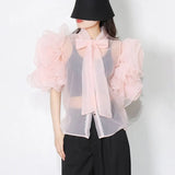 Casual Shirt For Women Bowknot Collar Half Sleeve Sheer Solid Button Through Blouse Female Fashion Clothing