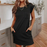 Summer Large-Size Burst Solid Color With Pocket Casual Round Collar Dress