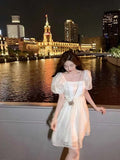 Birthday Korean Beach Style Square Collar Short Puff Sleeve Chiffon Ball Gown Mini Dress for Women Party Summer