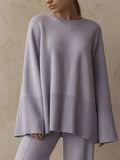 Sweater 2 Piece Set Women Loose O-Neck Knit Pullovers+Wide Legs Pants Sets 2022 Oversized Solid Slit Knitted