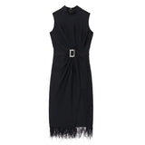 Black Summer Dress For Women Round Neck Sleeveless High Waist Solid Patchwork Feathers Midi Dresses Female