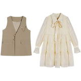 Vintage Glossy Shirt Dresses For Women Korean Bow Peter Pan Collar Flare Sleeve Dress+Sleeveless Blazer Vest 2 Piece