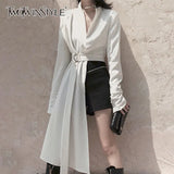 White Asymmetrical Jacket For Women V Neck Long Sleeve High Waist With Sashes Coats Female Fashion Clothes 2020