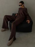 Sweater 2 Piece Set Women Loose O-Neck Knit Pullovers+Wide Legs Pants Sets 2022 Oversized Solid Slit Knitted