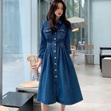 Autumn 2022 New Fashion Vintage Denim Lapel Collar Single-Breasted High Elastic Waist Casual Long Dress Female