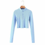 elegant high neck zipper front knitted sweater women solid basic cropped pullover fashion clothing