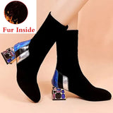 Over The Knee Boots For Women Rhinestone Square Block Heels Thigh High Boots Female Winter Fleece Shoes Black Botas