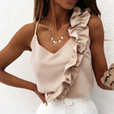 Summer Blouse Shirts Sexy V Neck Ruffle Blouses Backless Spaghetti Strap Office Ladies Sleeveless Casual