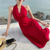 Halter Sexy Backless Midi Bodycon Red Party Sleeveless Dress Beach Holiday