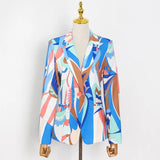 Print Two Piece Set For Women Notched Long Sleeve Blazer High Waist Full Length Pant Hit Color Sets Female 2021