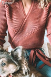 Winter Knitted Sweater Women V-neck Slim Pullovers Sweater Ladies Wrap Sweaters Female Casual Sweater