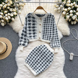 Fashion Plaid Knitted Two Pieces Suits Long Sleeve Short Sweater Cardigan+Mini Bodycon Dress Streetwear Autumn