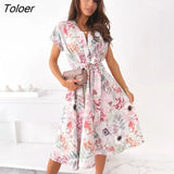 Vintage Print Shirt Dress Women Elegant V-Neck Short Sleeve Midi Dress 2021 Fashion Ladies Floral Party Long Dresses