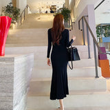 Korean Maxi Dresses for Women Party Long Sleeve V-neck Mermaid Dress Elegant Fashion Ladies Vestidos Femme Autumn