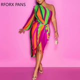 Women Solid Elegant Diagonal Collar One Shoulder with Belts Midi Sexy Silt Party Dresses-Outfit