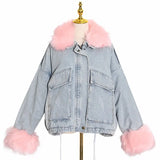 Patchwork Fur Collar Cotton Coat For Women Lapel Long Sleeve Loose Thick Denim Coats Female 2020 Winter New