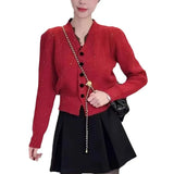 Year's Red V-Collar Lace Spliced Long-Sleeved Sweater Autumn And Winter 2023 New Short Style Thin Sweater Blouse-Outfit