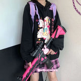 QWEEK Anime Hoodie Women Harajuku Manga Sweatshirt Ladies Kawaii Long Sleeve Pullover Korean Fashion Soft Girl Gamer Black
