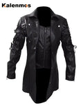Coat Men Faux Leather PU Trench Jacket Medieval Goth Spring Fall Top Streetwear Vintage Gothic Moto Biker Outwear Abrigos-Outfit