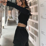Patchwork Y2K Crop Tops Women 2023 Summer Off Shoulder Black Goth T Shirt Woman Hip Hop Slim Fit Streetwear Tee