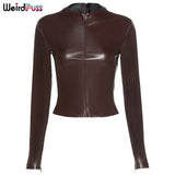 Puss Faux Pu Leather Women Long Sleeve T-Shirt O-Neck Smooth Fashion Zipper Solid Top Office Lady Streetwear Female