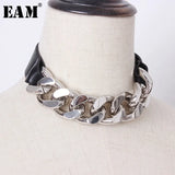 Women Black Pu Leather Metal Chain Stitch Necklace New Temperament Fashion Tide All-match Spring Autumn 2023