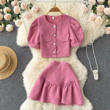 Korean Style Women Summer Two Piece Sets Single Breasted Solid Elastic Waist Mini Skirt Ladies A Line Casual Chic