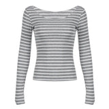 Striped Shoulder Long-Sleeved Blouse With A Lazy Wind And A Light Smock To Cover The Meat Shows A Thin T-Shirt.-Outfit