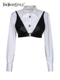 Straight Shirt For Women Lapel Long Sleeve Patchwork Fake Two Piece Colorblock Button Through Blouse Female
