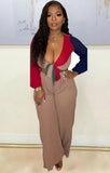 Party Sexy Contrast Color Knotted Crop Top and Wide Pants 2 Piece