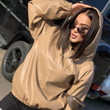 Faux Leather Hooded Women Streetwear Casual Winter Solid Vintage Sweatshirt 2021 Drawstring Hoodies Coat Pullover Top