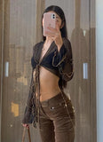 Black Mesh Long Sleeves Crossed Crop