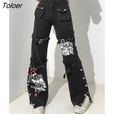 Gothic Bandage Women Baggy Jeans Punk Style Egirl Black Denim Trousers Y2K Dark Academia Hight Waist Streetwear
