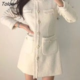 Beige Tweed Dress Woman Single Breasted Elegant Party Mini Dresses Female Autumn Winter Wool Blend Dress Vestidos