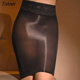 High Waist Shiny Skirt Clubwear Tight Pencil Cute Skirt See Through Ladies Skirt Oil Glossy Lace Mini