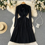 2022 Winter Knitted Pleated Dress Temperamant Bow Tie Long Sleeve Elastic Slim Female Solid Midi Long Sweater
