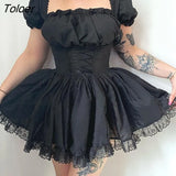 Goth Bandage Harajuku White Lolita Kwaii Dresses Black Women Sexy Mini Dress Gothic Lace Puff Sleeves Bodycon