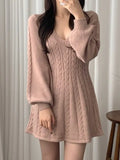 Color Cute V-Neck Cable Knit Long Sleeve Mini