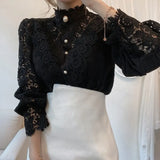 Women Lace Blouse Petal Sleeve Hollow Out Flower Lace Patchwork Shirt Femme Blusas Stand Collar Button White Top
