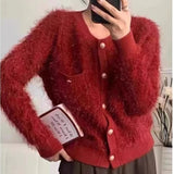 Autumn Knitted Cardigan Women's Coat Furry Sweater Red Advanced Sense Temperament Retro French Dress Tide-Outfit