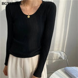 Autumn Deep O-neck Women Basic Slim Warm Knitted Tops Casual Skinny Stretch Long Sleeve Female Pullover Sweaters