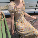 Korean Sexy V Neck Sexy Long Floral Bodycon Chiffon Dress for Women Clothing Beach Puff Sleeve Midi Dresses Summer