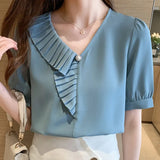 Femme Top Tops Women Short Sleeve Blouse Women Blusas Mujer De Moda 2021 Verano Ruffles V-Neck Chiffon Blouse Shirt