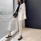 Casual Print Trouser Suits Notched Long Sleeve Korean Blazers High Waist Straight Pants Loose Women's Suit 2021