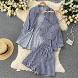 Women 3 Pieces Set Houndstooth Plain Green/Black/Orange Turn-Down Collar Single Breasted Blouse + Strap Camis + Shorts Suits
