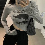 Casual Slim T-shirt For Women O Neck Long Sleeve Sexy Crop Top Grunge Letters Print Female Korean Fashion Clothing