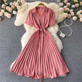 Summer Vintage Women Pleated Dress Red/Pink/Brown Turn-Down Collar Short Sleeve High Waist Casual Draped A-Line Vestido New