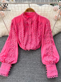 Senior Hook Flowers Autumn Top Temperamant Long Sleeve Single Breasted Loose 2022 Ladies Korean Solid OL Long