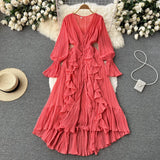 Bohemian Beach Long Dress Summer Women 2022 Ruched Long Sleeves V Neck Elegant Elastic Waist A Line Beach